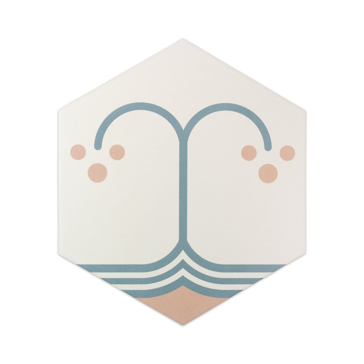 White hexagonal pattern tile by Clay Imports with a stylized blue double-fountain and pink accents.