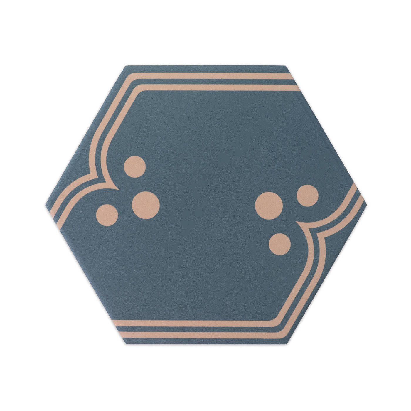 Dark teal hexagonal pattern tile by Clay Imports with a tan border design and four small circles.