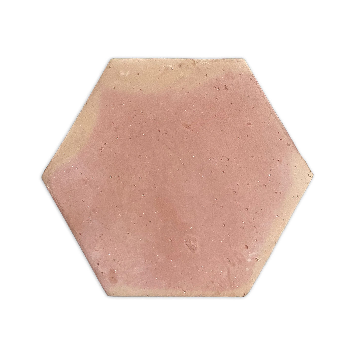 Pink terracotta hexagon tile, smooth matte finish, by Clay Imports Saltillo Tile, with subtle color variations and speckles.