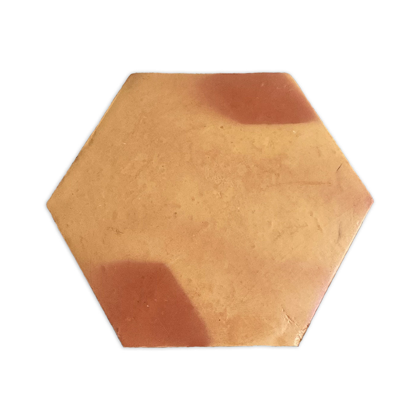 Hexagon Saltillo tile sample in terra cotta tones by Clay Imports Saltillo Tile with a smooth satin finish and natural color variations.