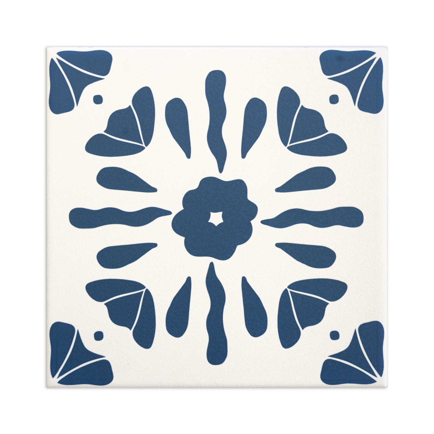 White square tile with navy blue floral pattern, by Katia Vocho, featuring symmetrical petal design and central motif, front view