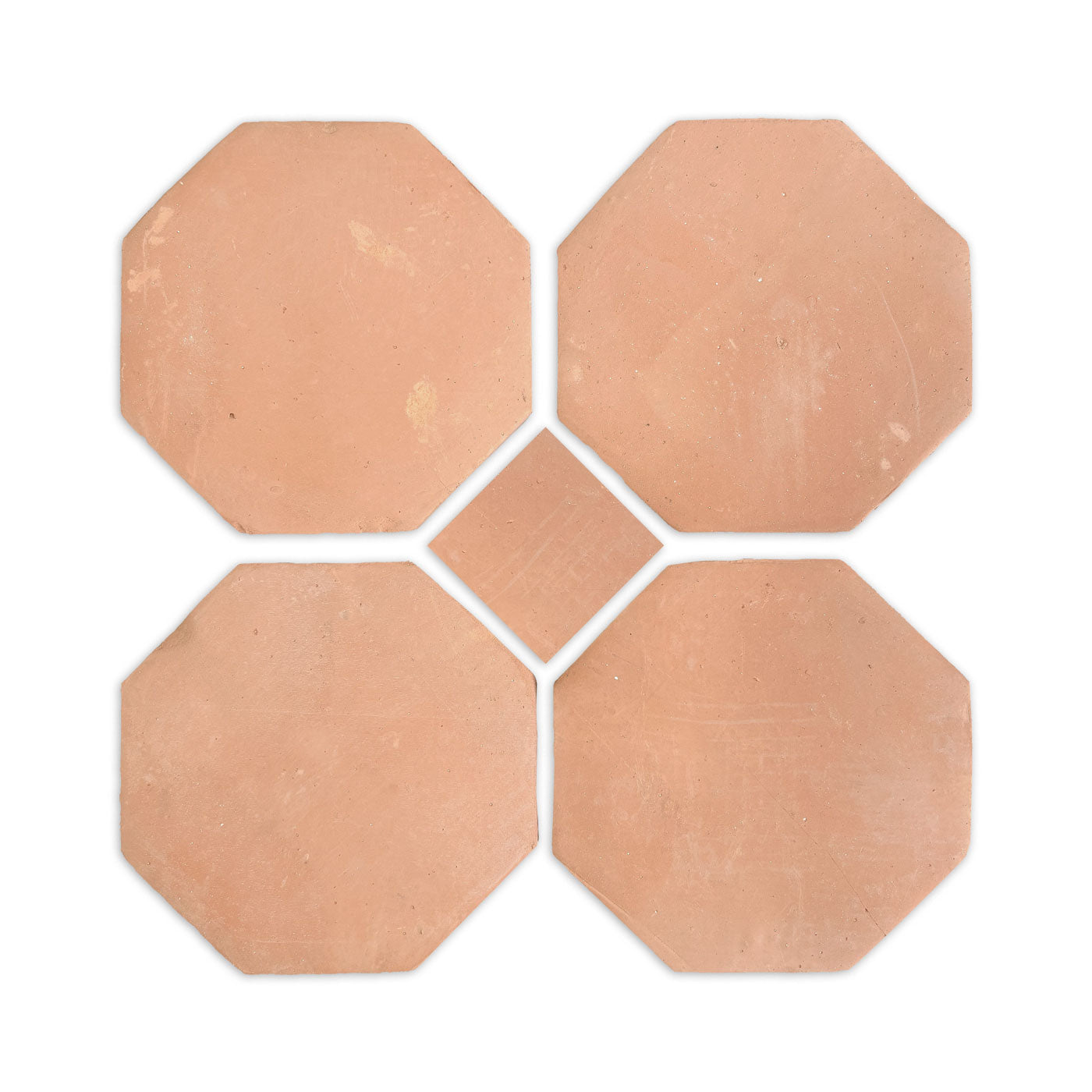 Octagon smooth matte terracotta tile sample by Clay Imports, with four octagons surrounding a small square on white.