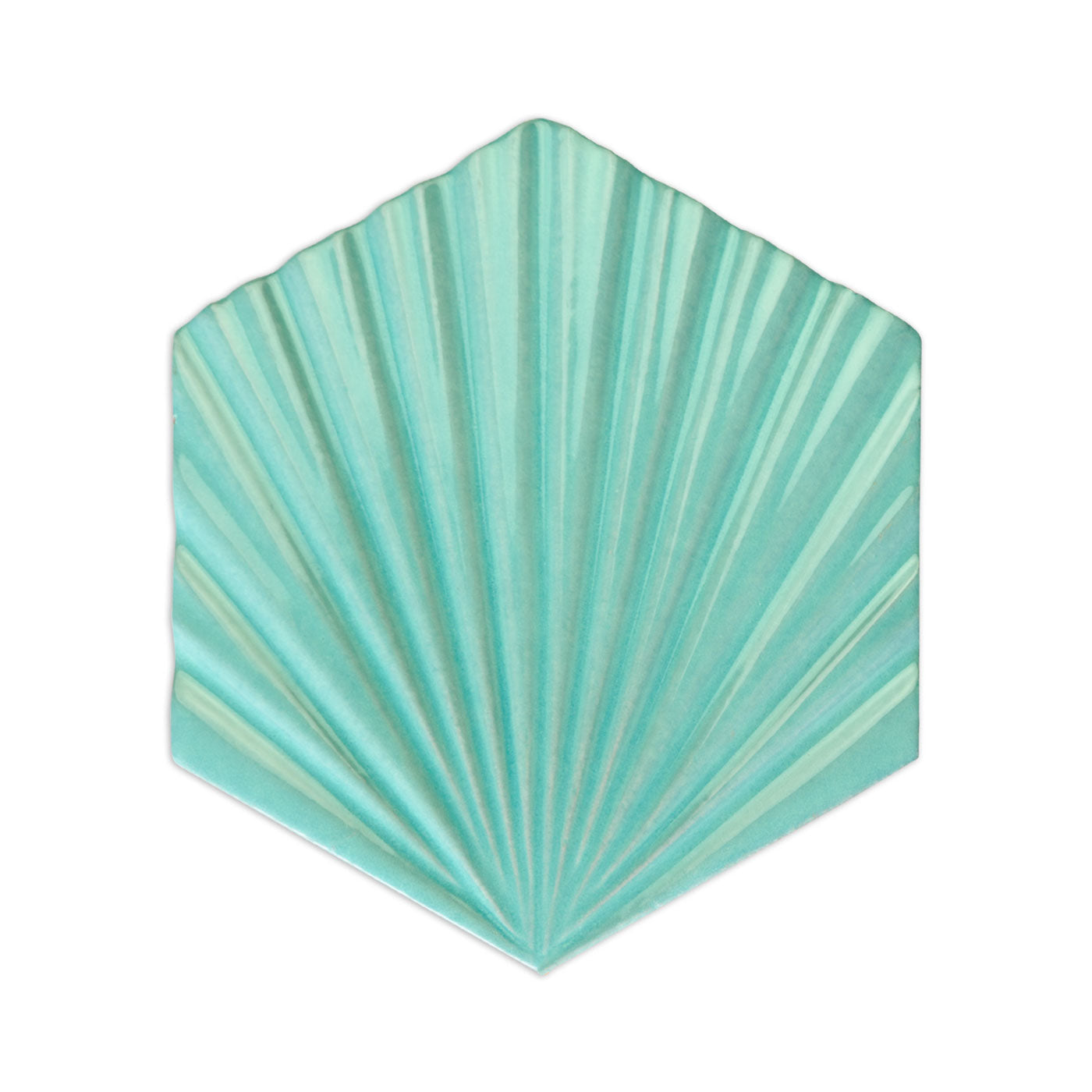 Teal ceramic sample tile by Clay Imports with a ribbed palm fan design.