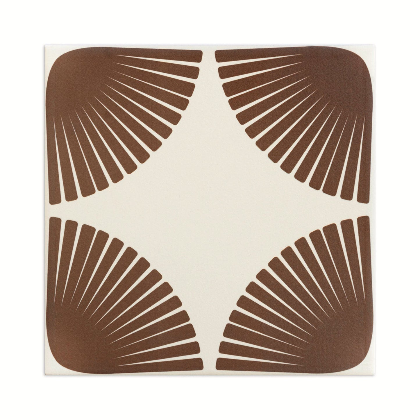 Cream square tile with brown petal-shaped fan patterns in each corner, front view, sample design