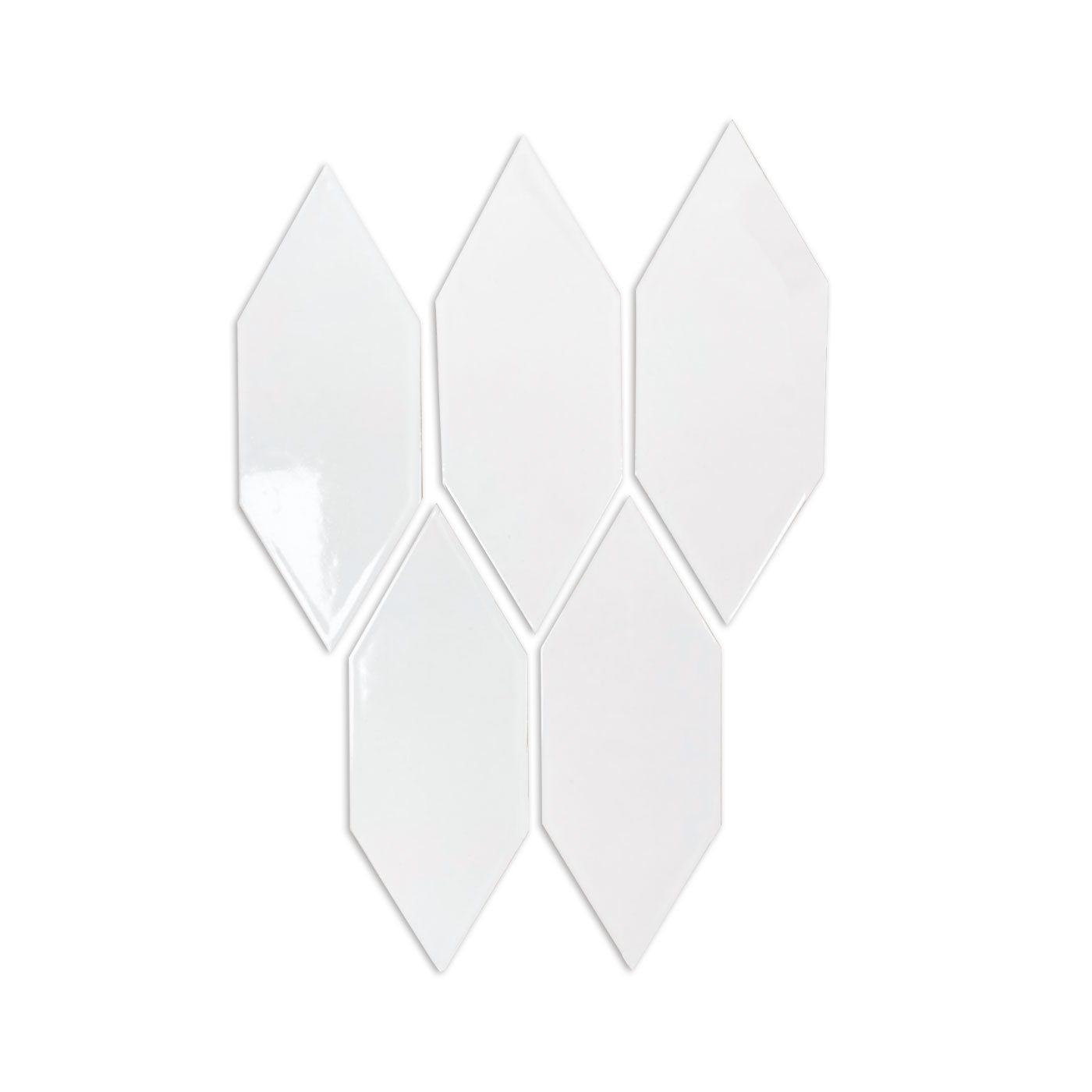 Five glossy white sample picket tiles by Clay Imports arranged in a W-shape.