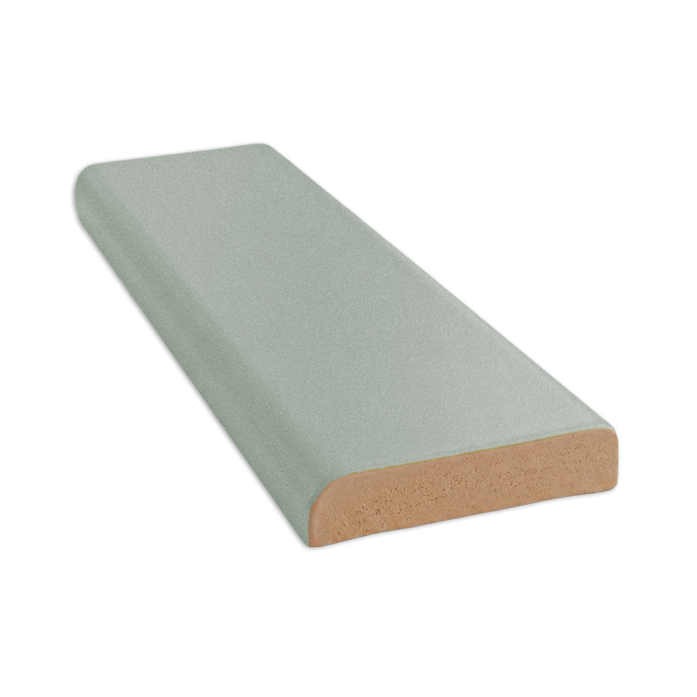 Agave green solid tile trim with a single bullnose edge by Clay Imports, displaying a matte textured surface and raw light-colored core.