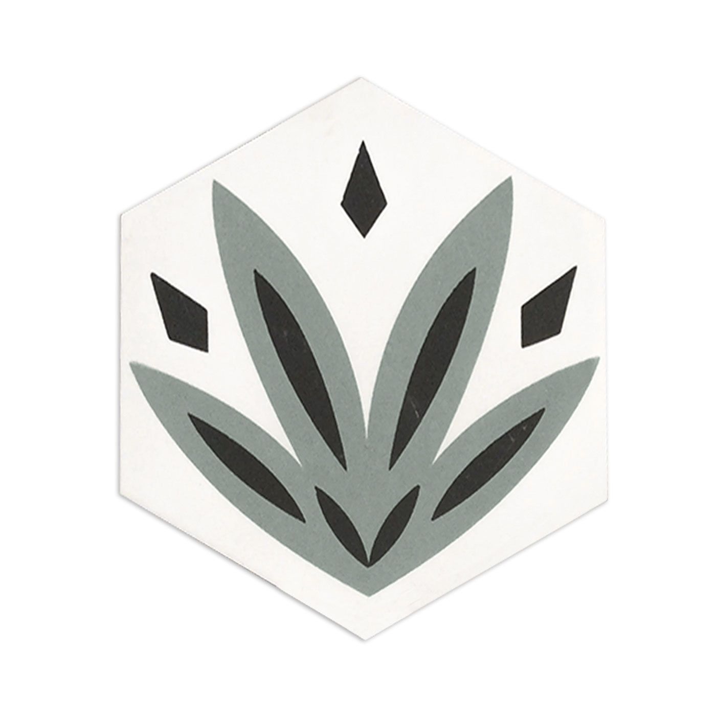 Hexagonal white tile sample by Clay Imports, featuring a light green and black botanical leaf design with diamond accents.