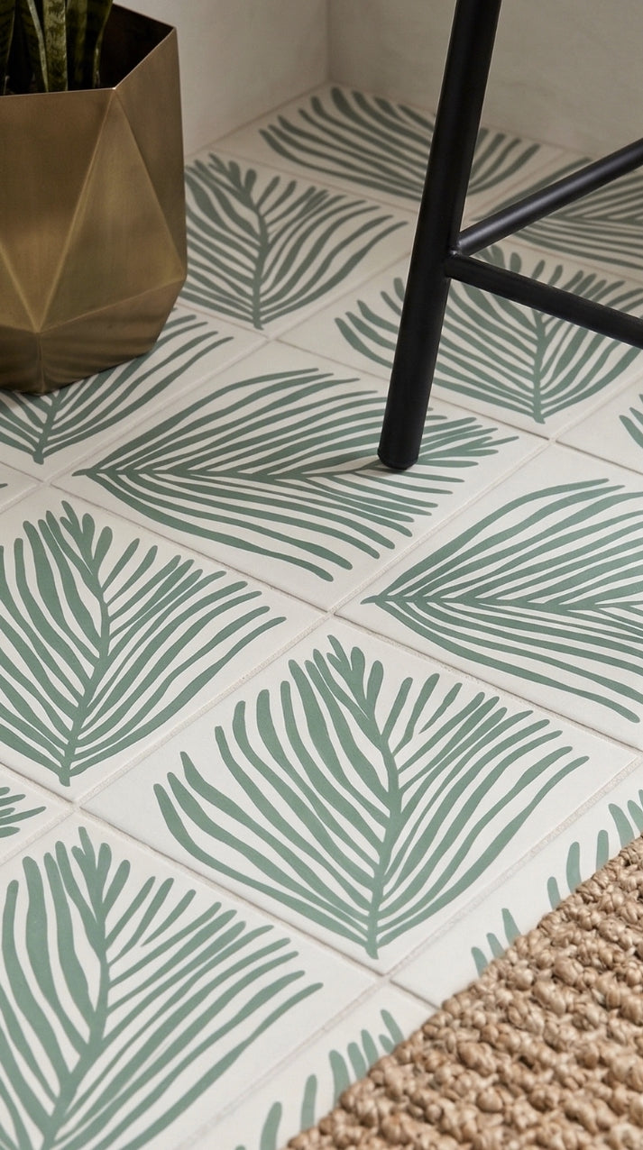 Patterned tile with a sage green tropical leaf design on a cream background by Clay Imports, styled with a gold planter and woven rug.
