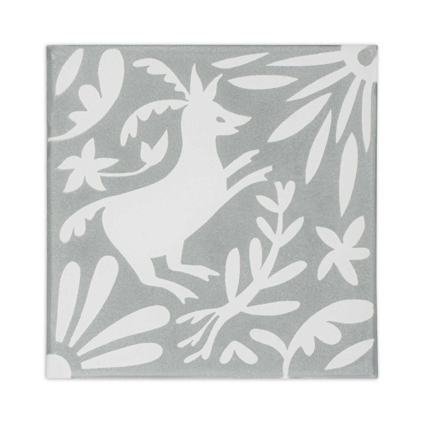 8x8 sample tile by Clay Imports with a white deer and floral pattern on light grey.