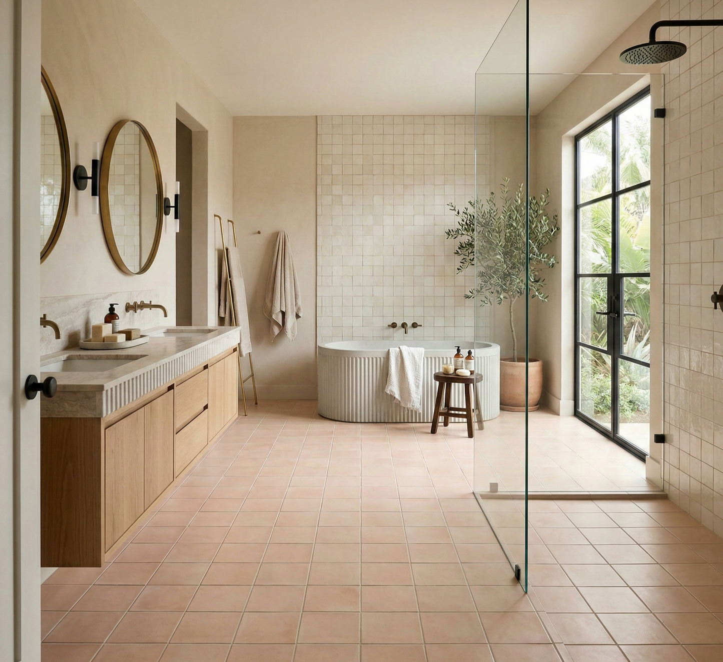 Opaque 8x8 blush clay tiles by Clay Imports laid in a grid pattern across a modern bathroom floor.