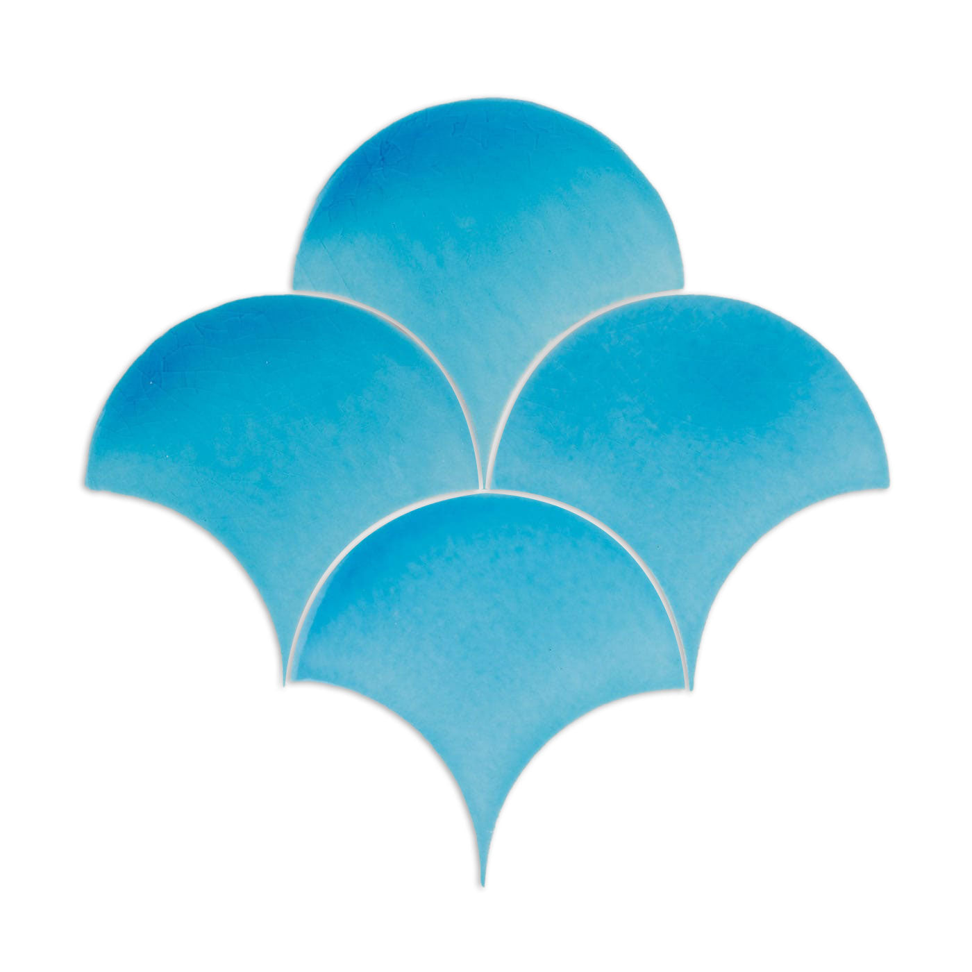 Aqua crackle sample tile by Clay Imports, showing four fan-shaped pieces arranged on a white background.