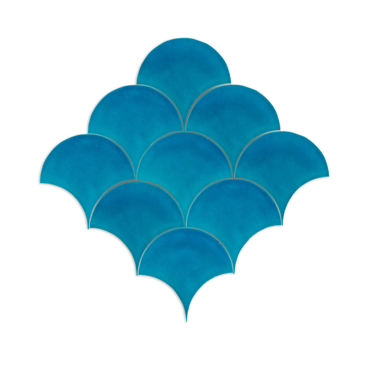 Turquoise crackle clay Abanico Point tile sample by Clay Imports, showing fan-shaped tiles with a glossy finish arranged in a layered, scalloped pattern.