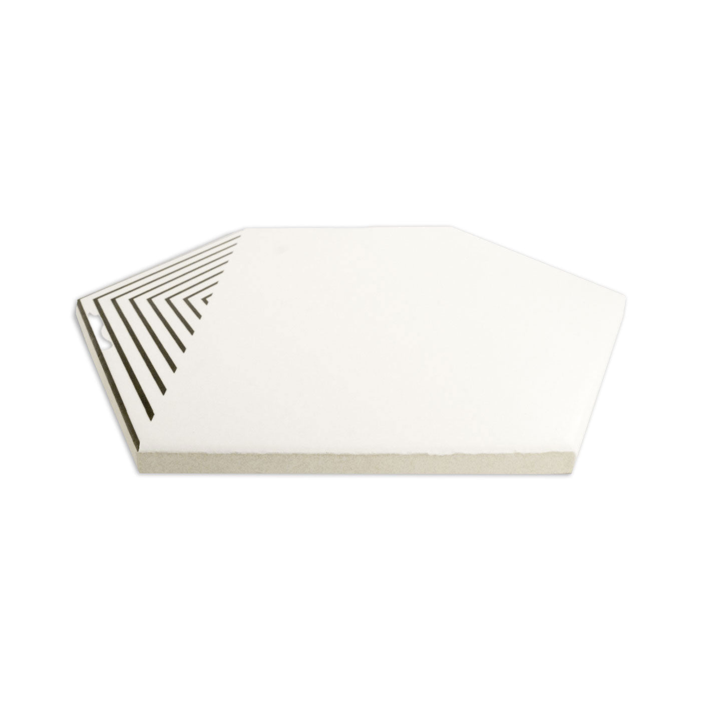 White hexagonal 'Nib' tile by Clay Imports with a pitch black striped design, shown angled.