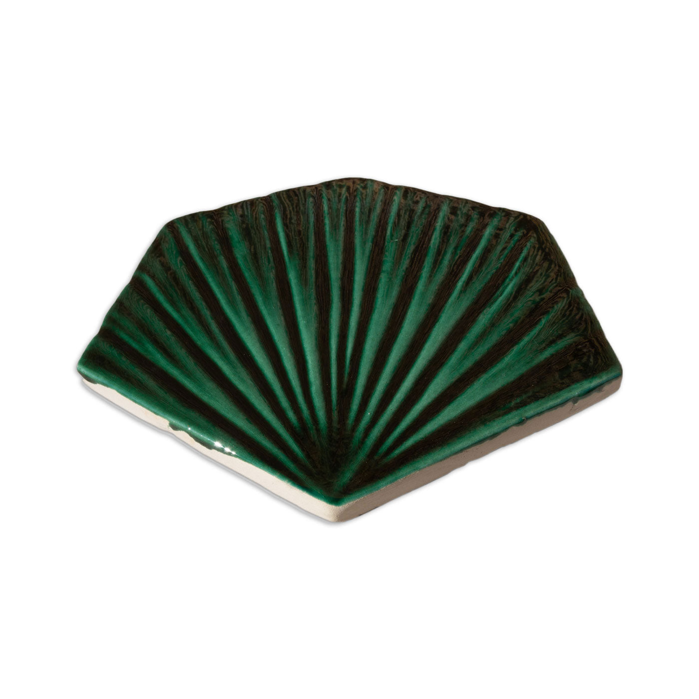 Emerald green solid tile by Clay Imports, fan-shaped with radiating raised lines and glossy finish.