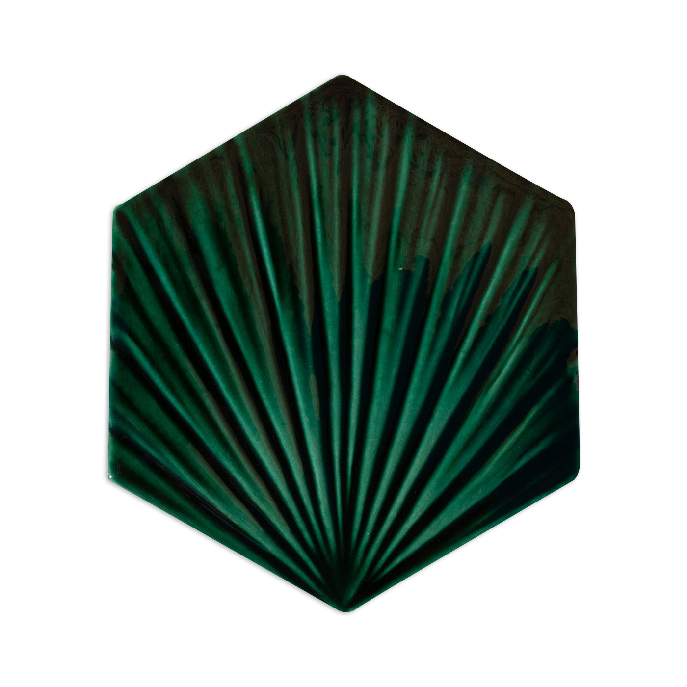Palmas Emerald 8 Sample by Clay Imports, a hexagonal tile with a raised fan pattern in glossy dark green.