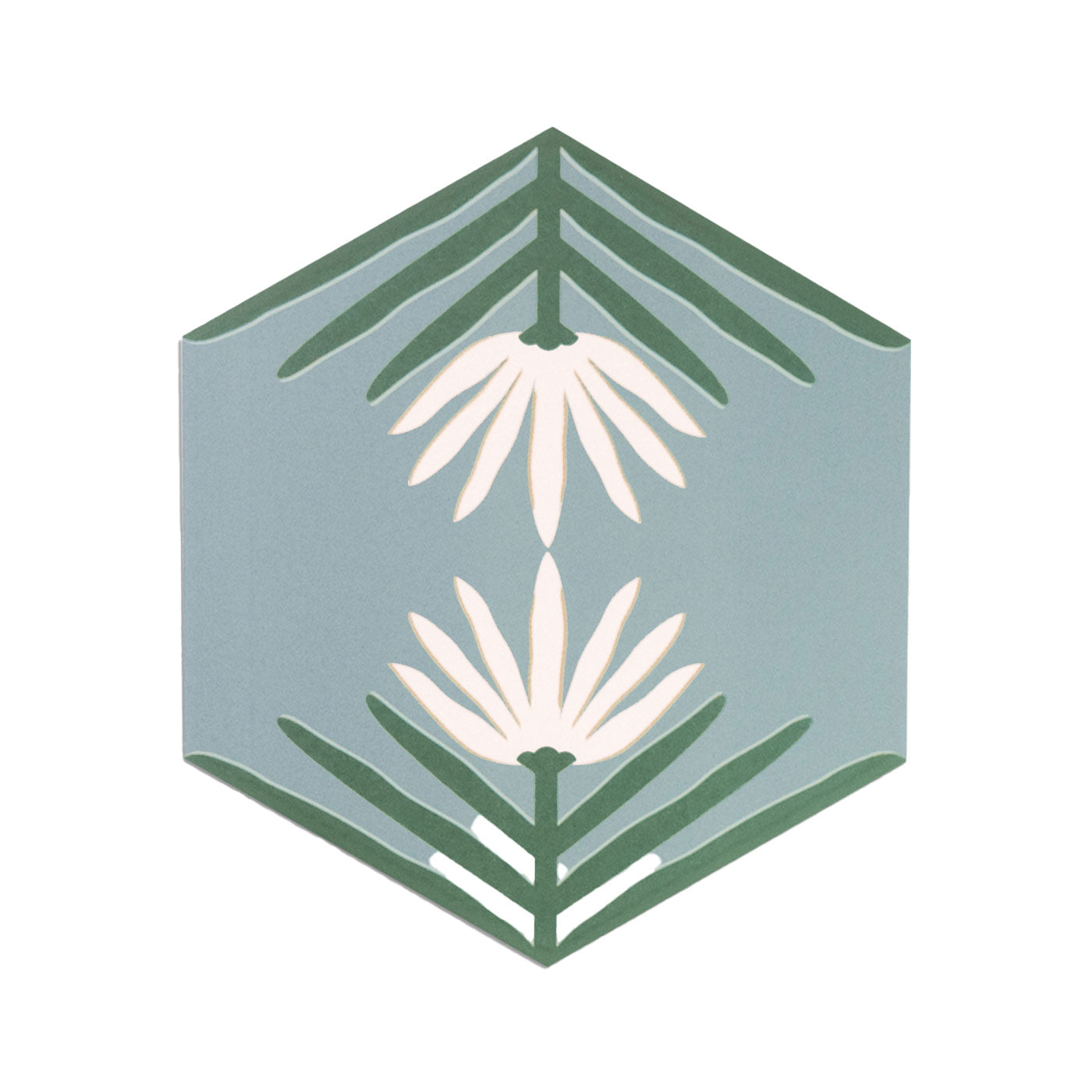 Hexagonal sample tile in muted blue by Clay Imports, featuring two white lotus-like flowers and green leaves.
