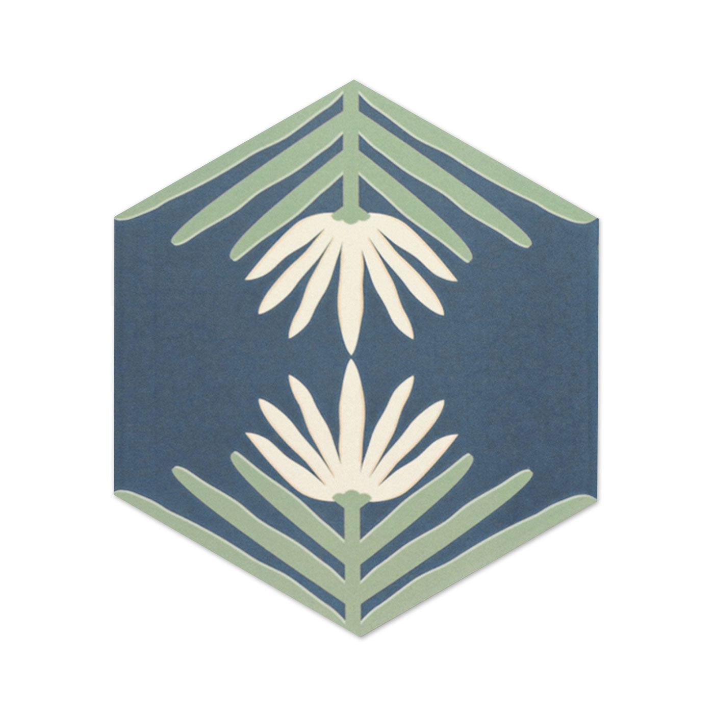 Hexagonal tile sample in dark blue with a lotus pattern by Clay Imports, featuring cream flowers and green leaves.