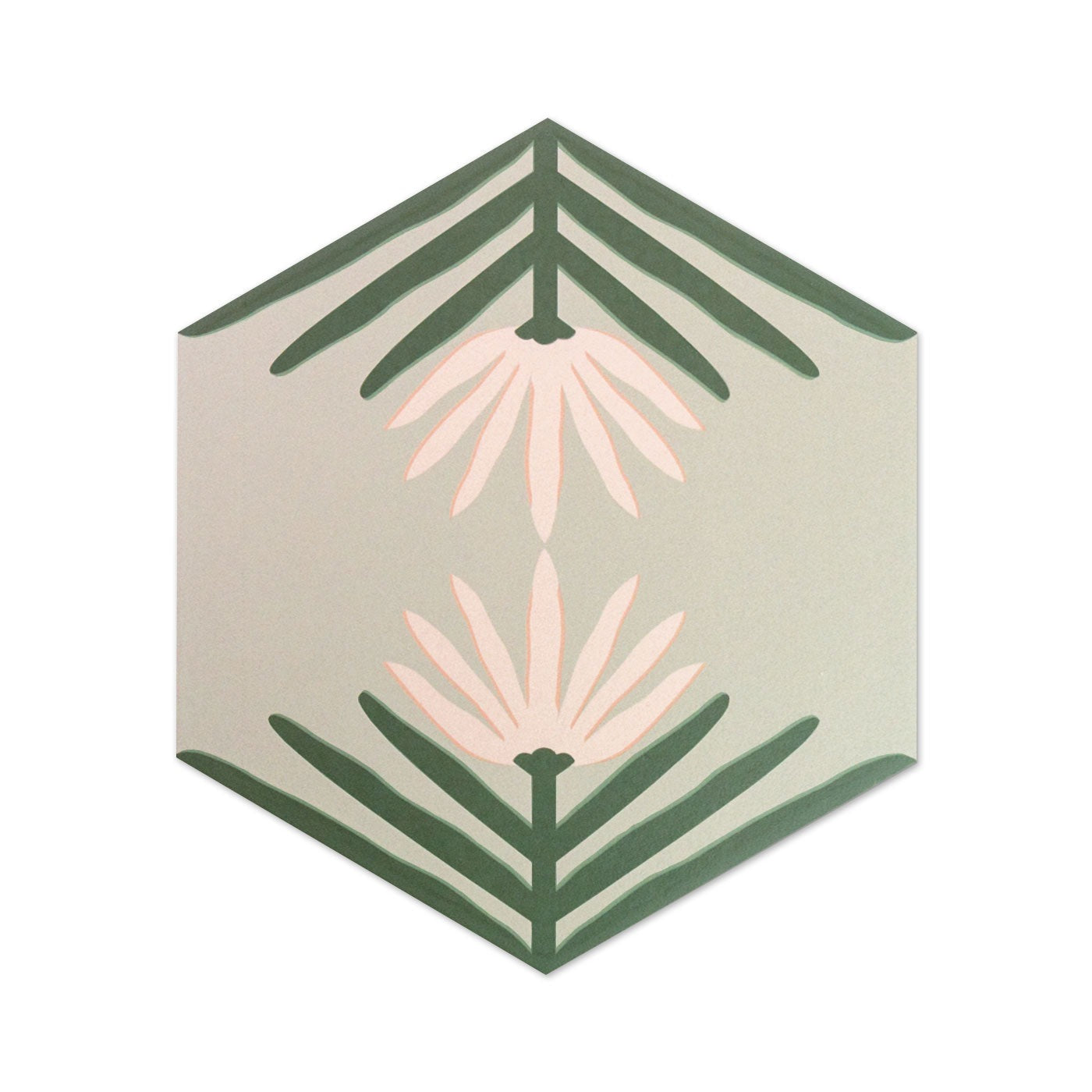 Hexagonal Lotus Peyote 8 tile sample by Clay Imports, featuring a green and pink botanical design.