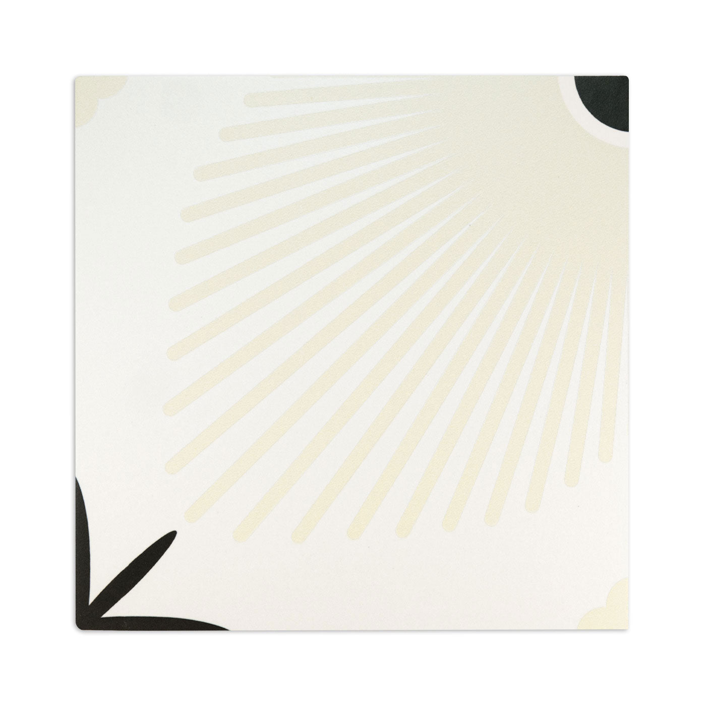 Champagne tile sample by Clay Imports with black corner designs and a radial pattern.