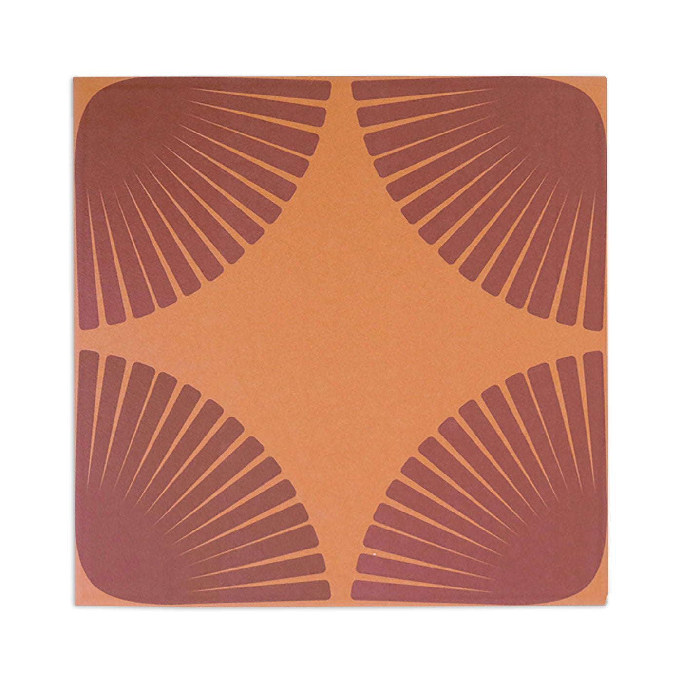 An 8x8-inch Petal Papaya Rosewood sample tile by Clay Imports featuring four corner fan patterns in rosewood on a papaya orange background.