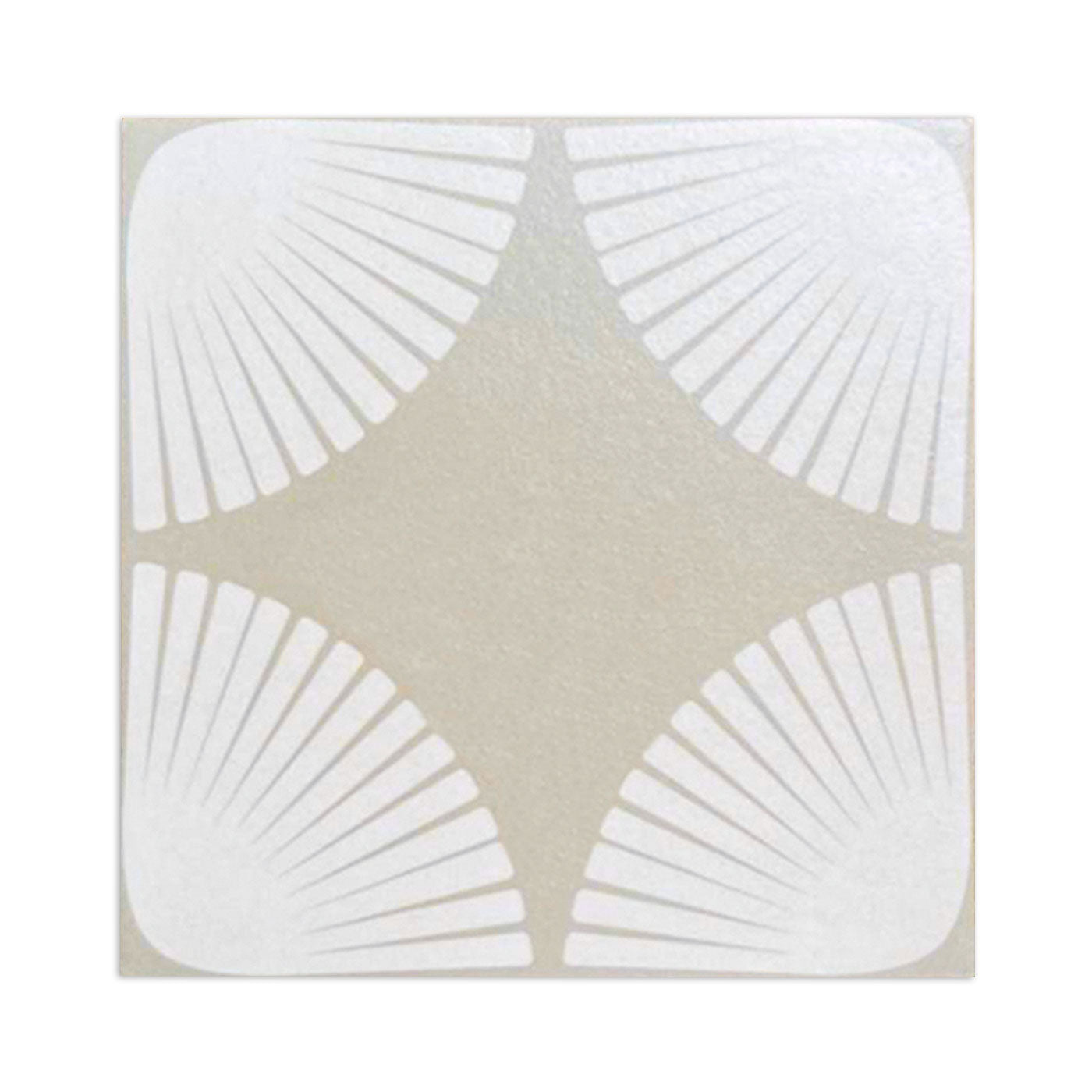 Light beige and white ceramic sample tile by Clay Imports featuring a radiating petal pattern in each corner.