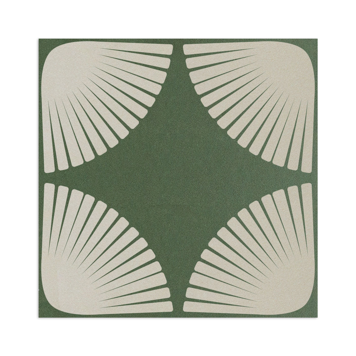 Petal Tortuga Dew 8x8 sample tile by Clay Imports, dark green with four off-white petal-like fan patterns.