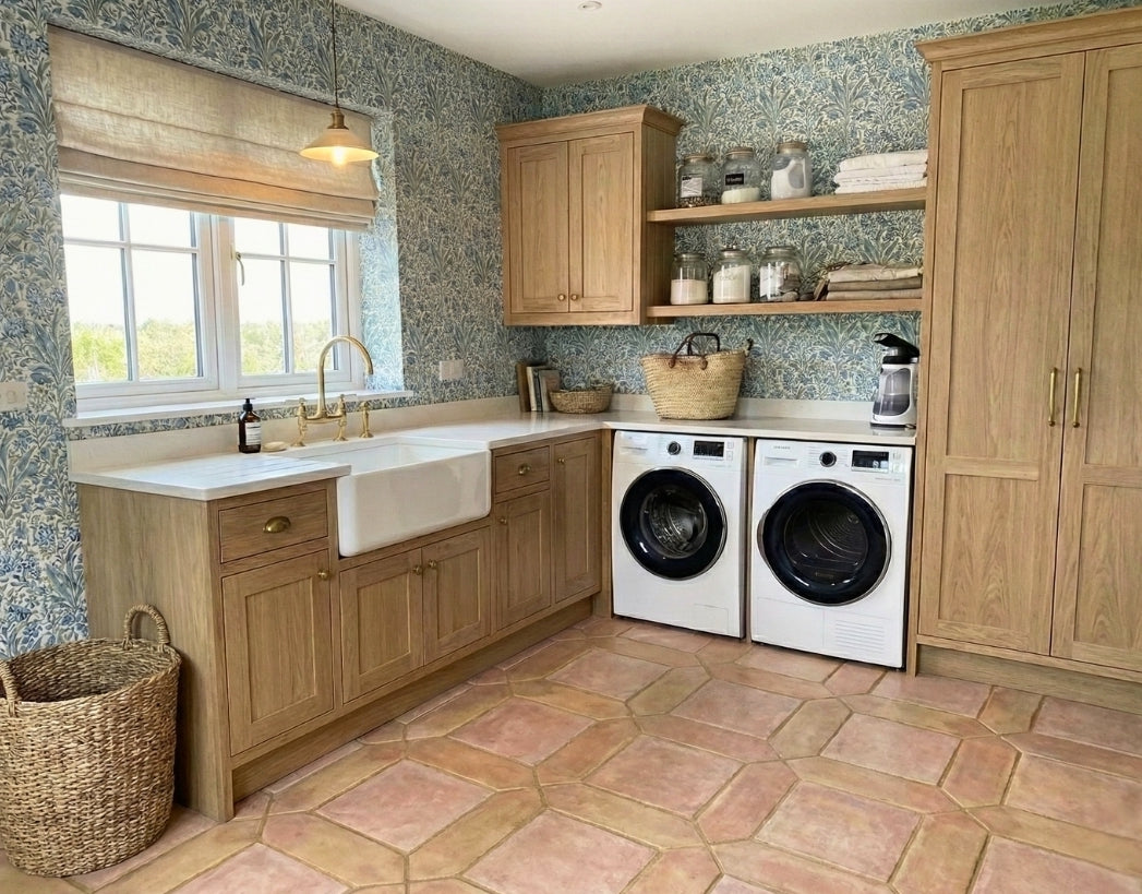 Smooth matte terracotta floor tiles by Clay Imports in a mixed picket and square pattern on a laundry room floor.