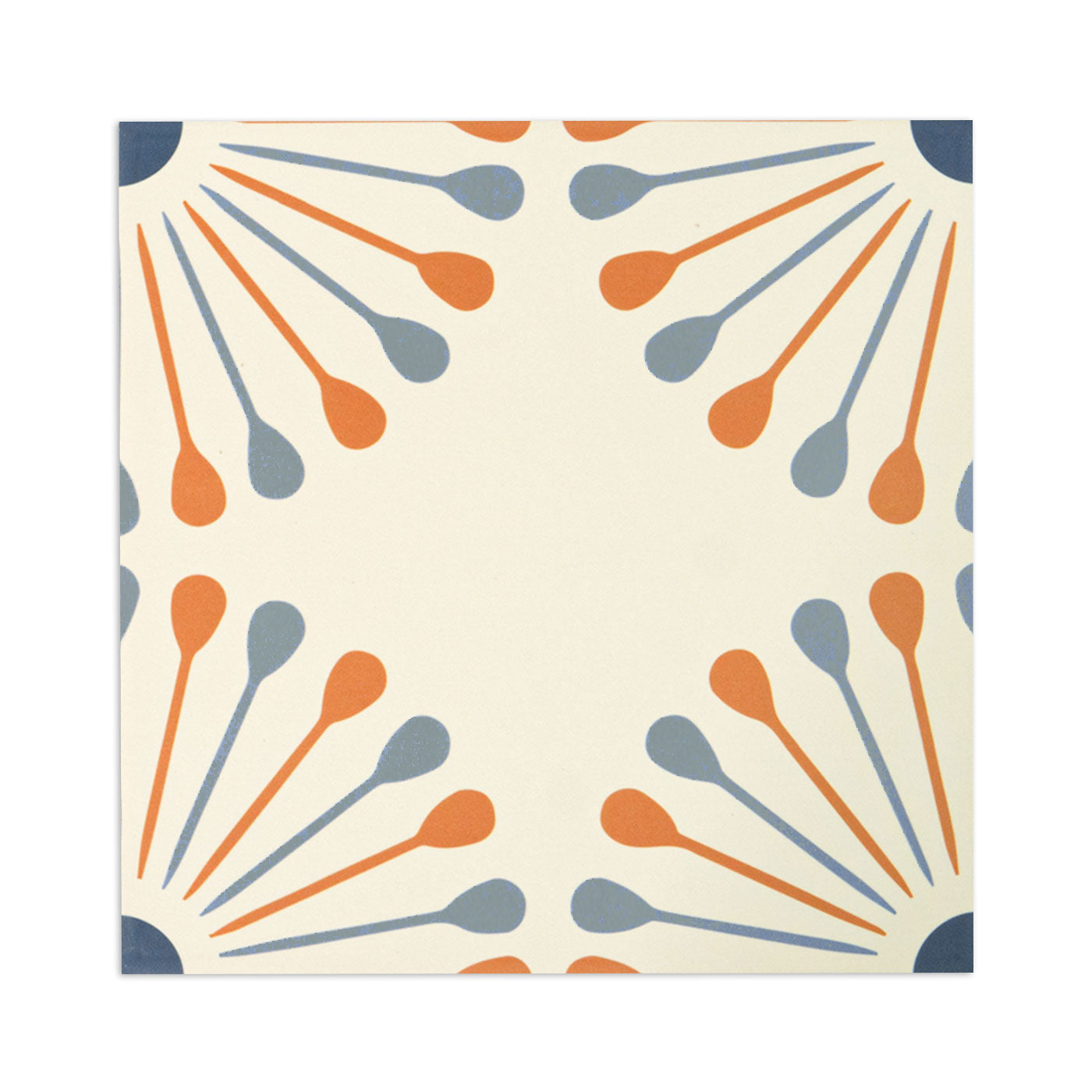 Papaya and blue geometric tile sample by Clay Imports with a radial fan pattern in the corners.