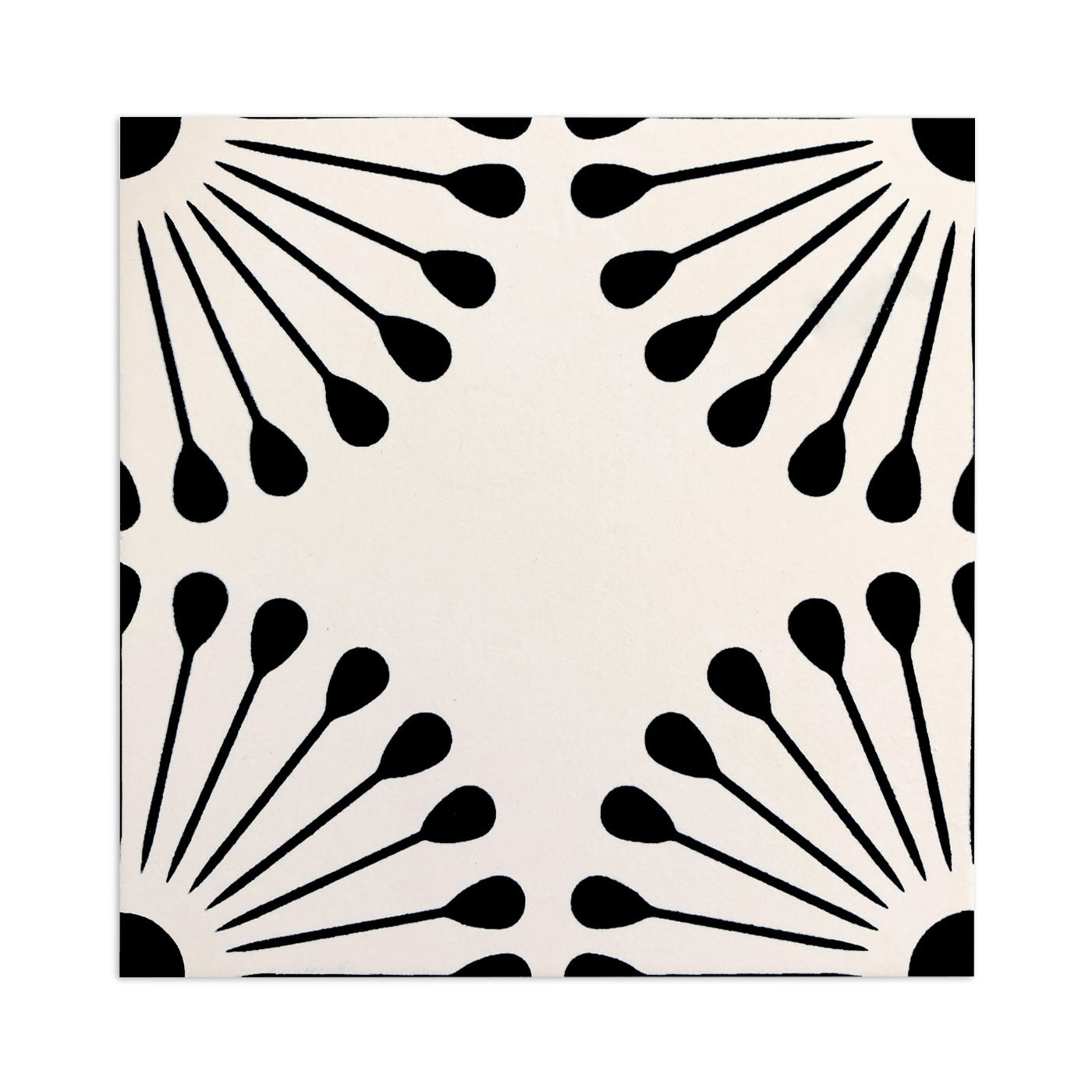 Atomic Vocho Pitch Black tile sample by Clay Imports, showing abstract black sunbursts on an off-white background.