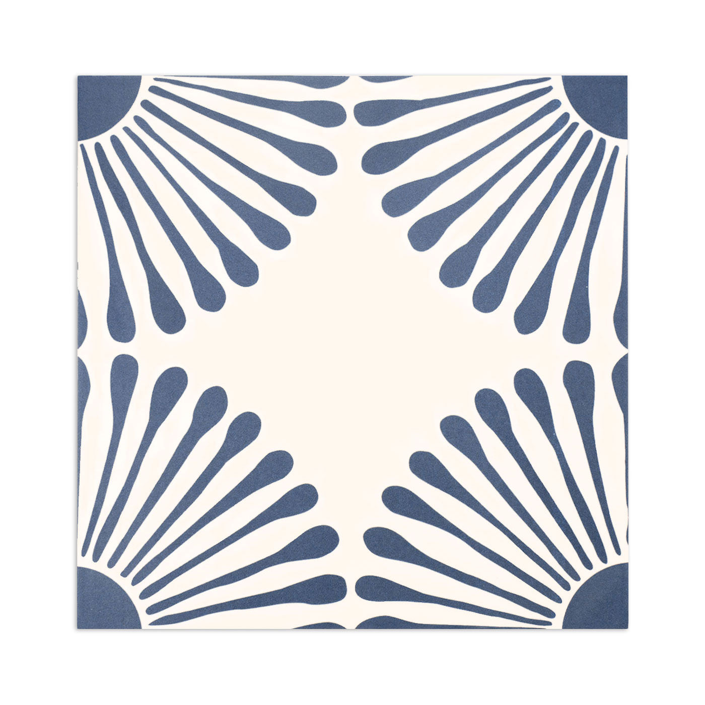 Midnight blue and off-white sample tile by Clay Imports with a stylized sunburst pattern.