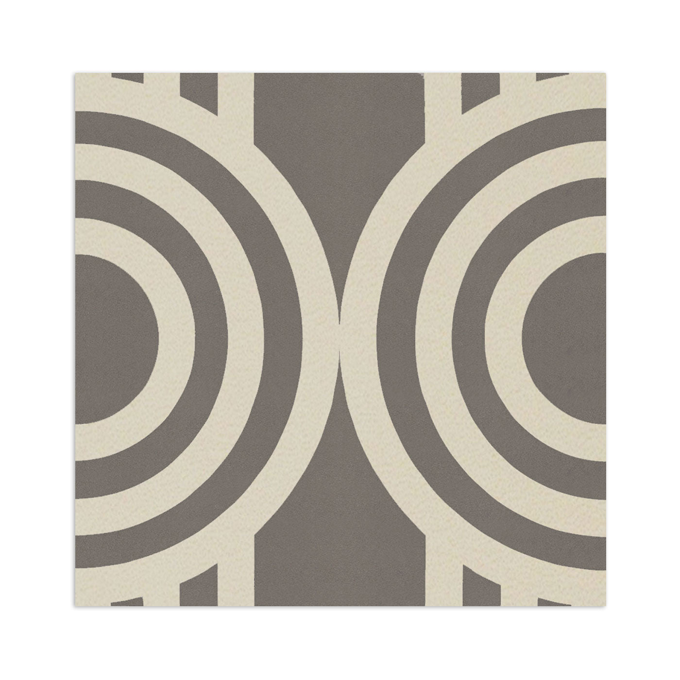A square sample tile in gray and cream by Clay Imports, featuring a geometric pattern of concentric circles.