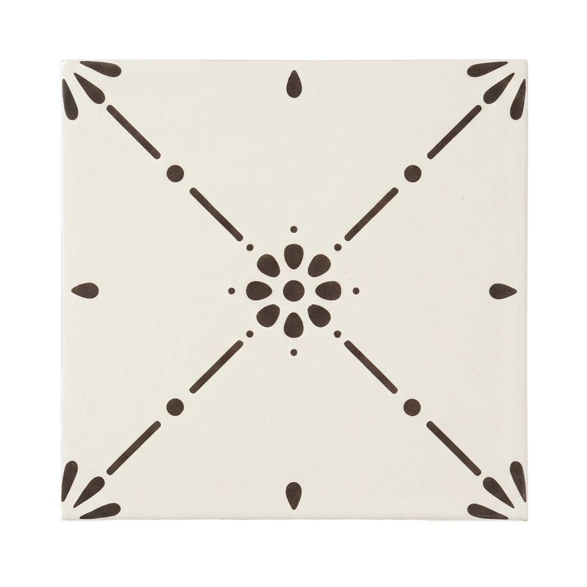 A square decorative ceramic tile features a cream-colored background and a dark brown geometric floral pattern in the center with diagonal intersecting lines.