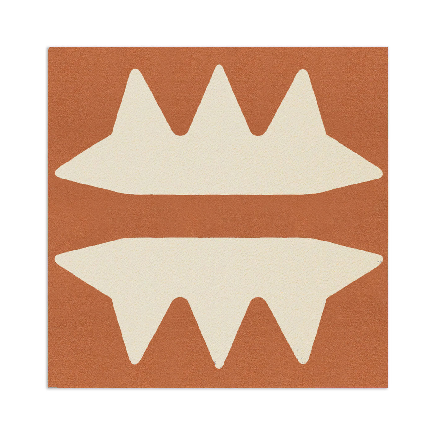 Terracotta decorative tile sample by Clay Imports with a cream abstract geometric pattern of two mirrored wavy shapes and textured finish.