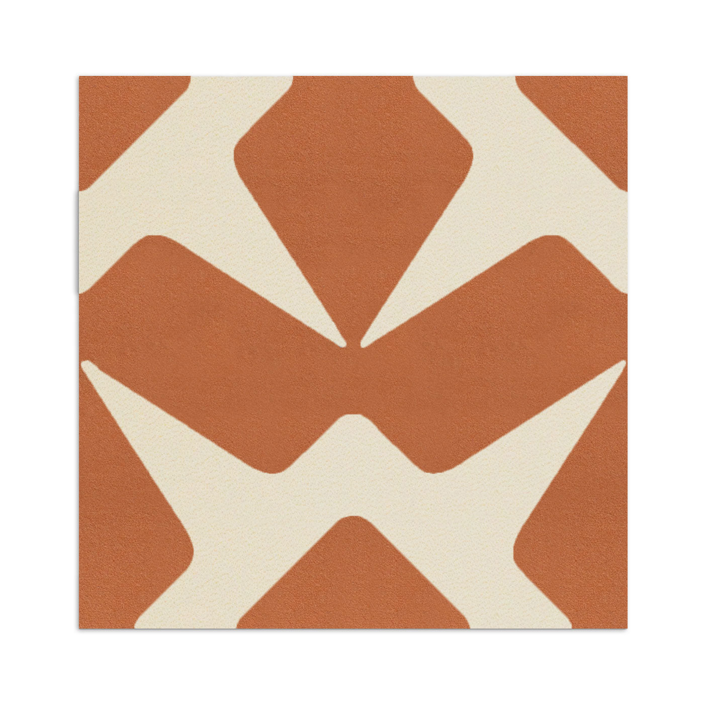Terracotta and cream tile sample by Clay Imports, with an abstract geometric pattern.