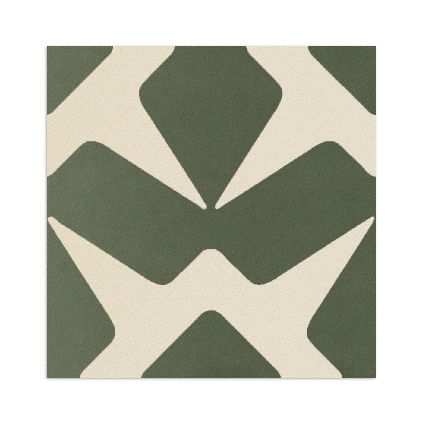 Dark green and cream sample tile by Clay Imports featuring an abstract interlocking geometric pattern.