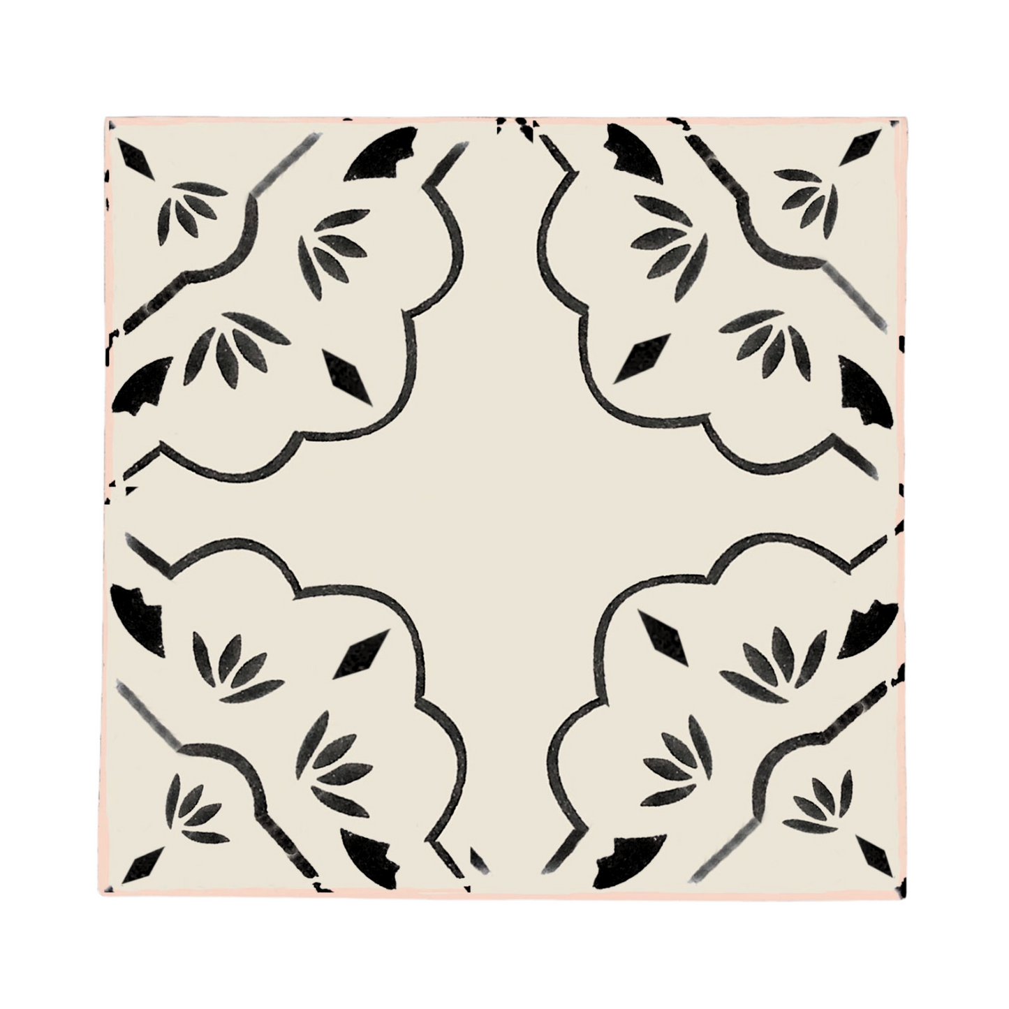 Hand-painted tile by Clay Imports, featuring a cream background with a black symmetrical stylized floral and diamond border pattern.