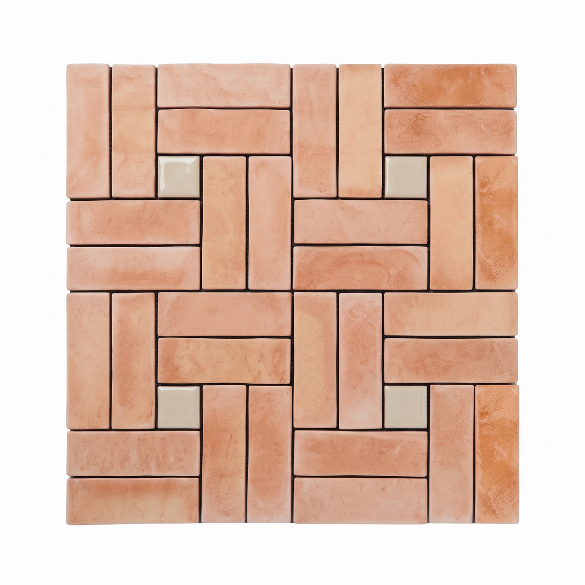 A square mosaic tile sample featuring a brick-pattern arrangement of warm peach and terracotta tiles with a few small light beige accent tiles, shown on a plain white background.