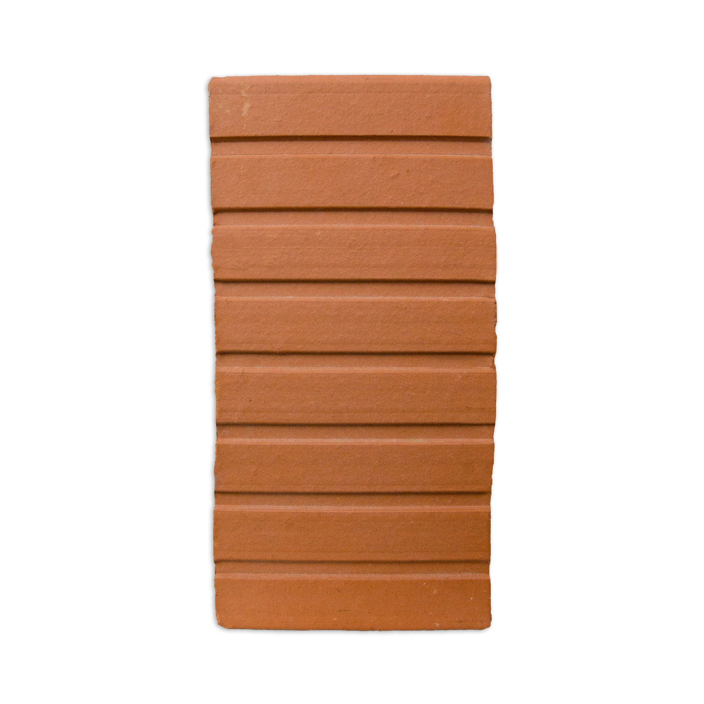 Terracotta clay breeze block by Clay Imports Breeze Blocks with horizontal grooves, isolated on white.