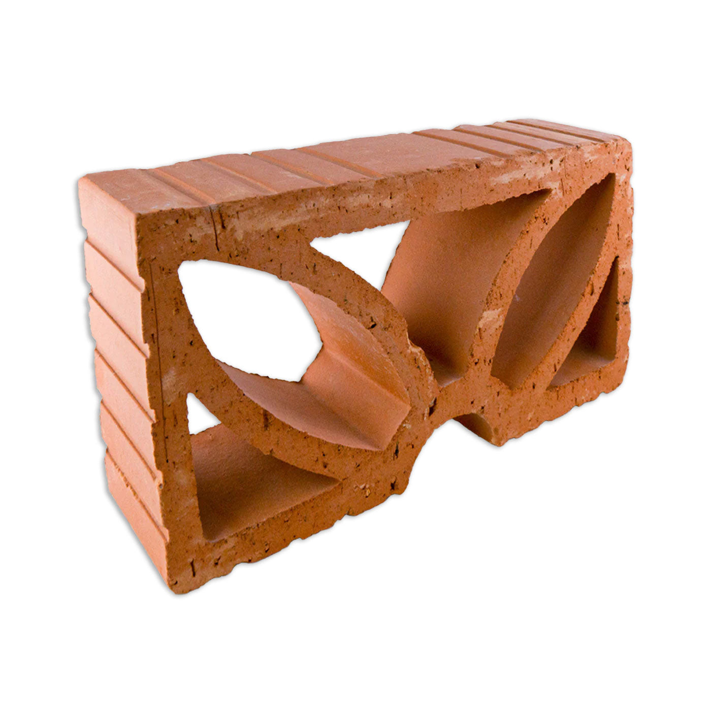 Terracotta Breeze Block Dulce by Clay Imports Breeze Blocks with a unique curvilinear openwork pattern, shown at an angle.