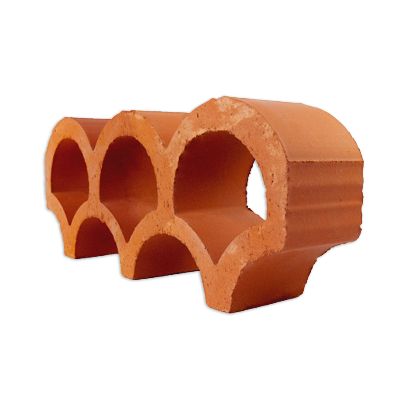 Terracotta breeze block with three arched fan openings by Clay Imports Breeze Blocks, angled view showing porous texture.