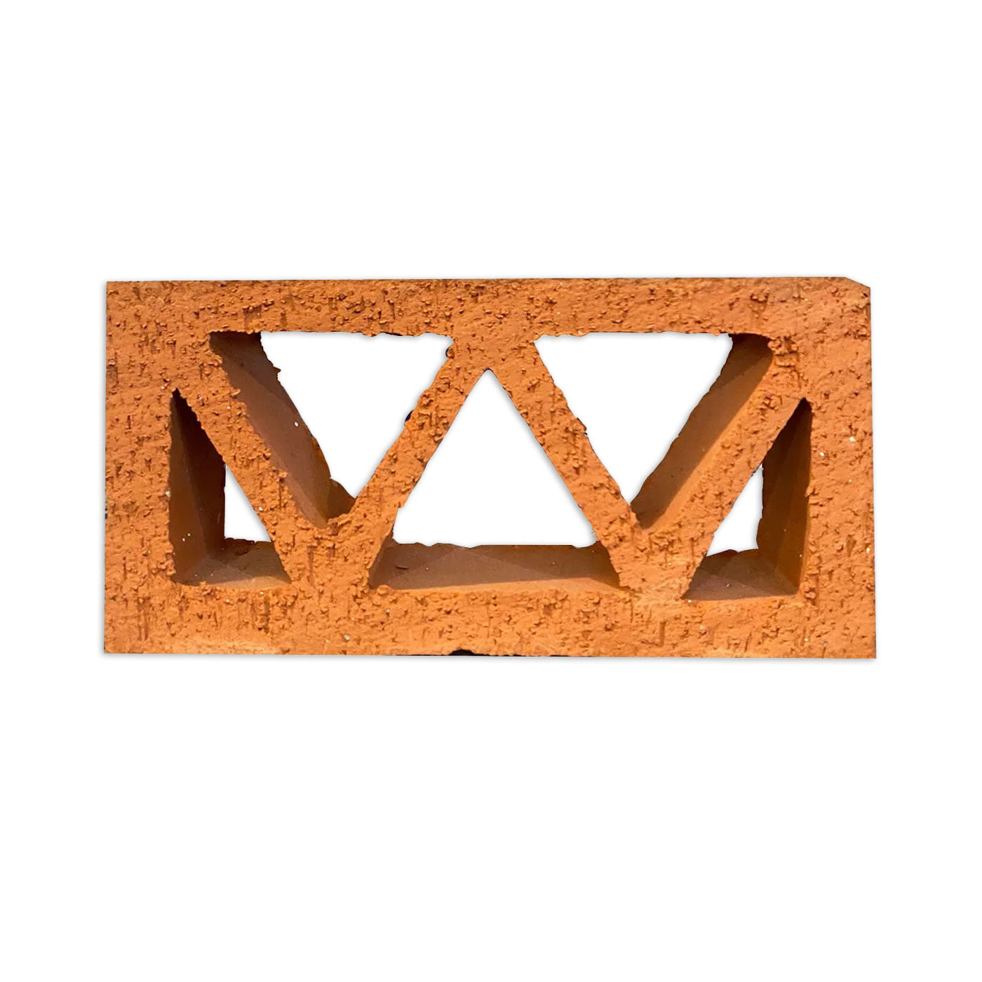 Orange terracotta breeze block with a triangle pattern by Clay Imports Breeze Blocks, featuring a rough texture.