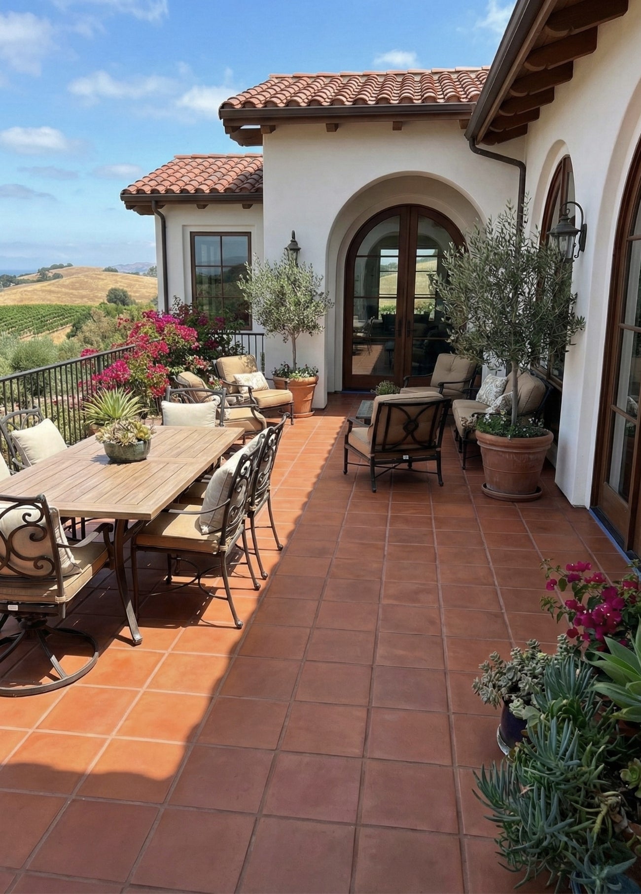 Cotto Umber 13x13 tile by Clay Imports covering a sunlit outdoor patio with furniture and plants.