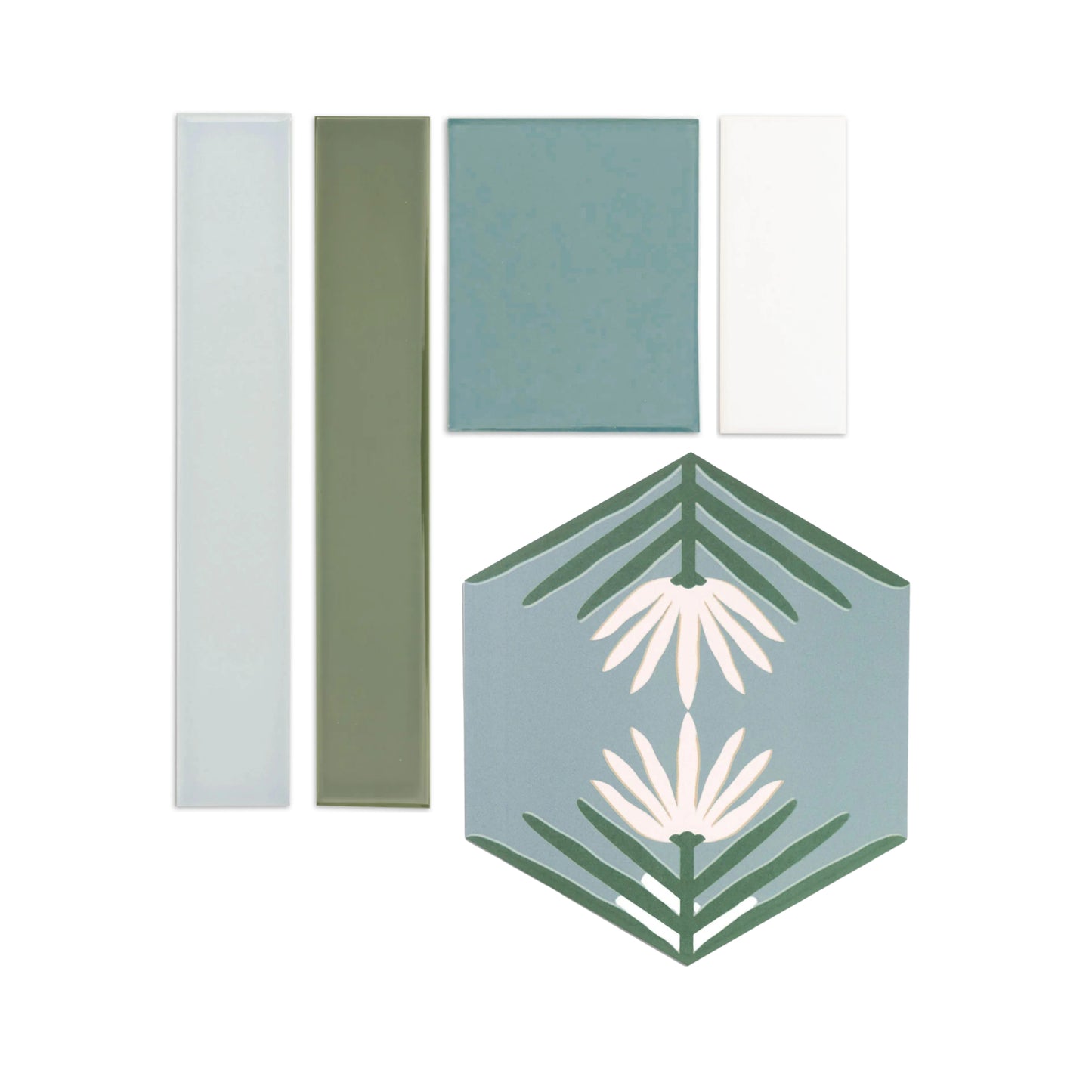 Assorted tile samples by Clay Imports in light sage, teal, olive green, and white, including solid rectangular, square, and a hexagonal tile with a floral pattern.