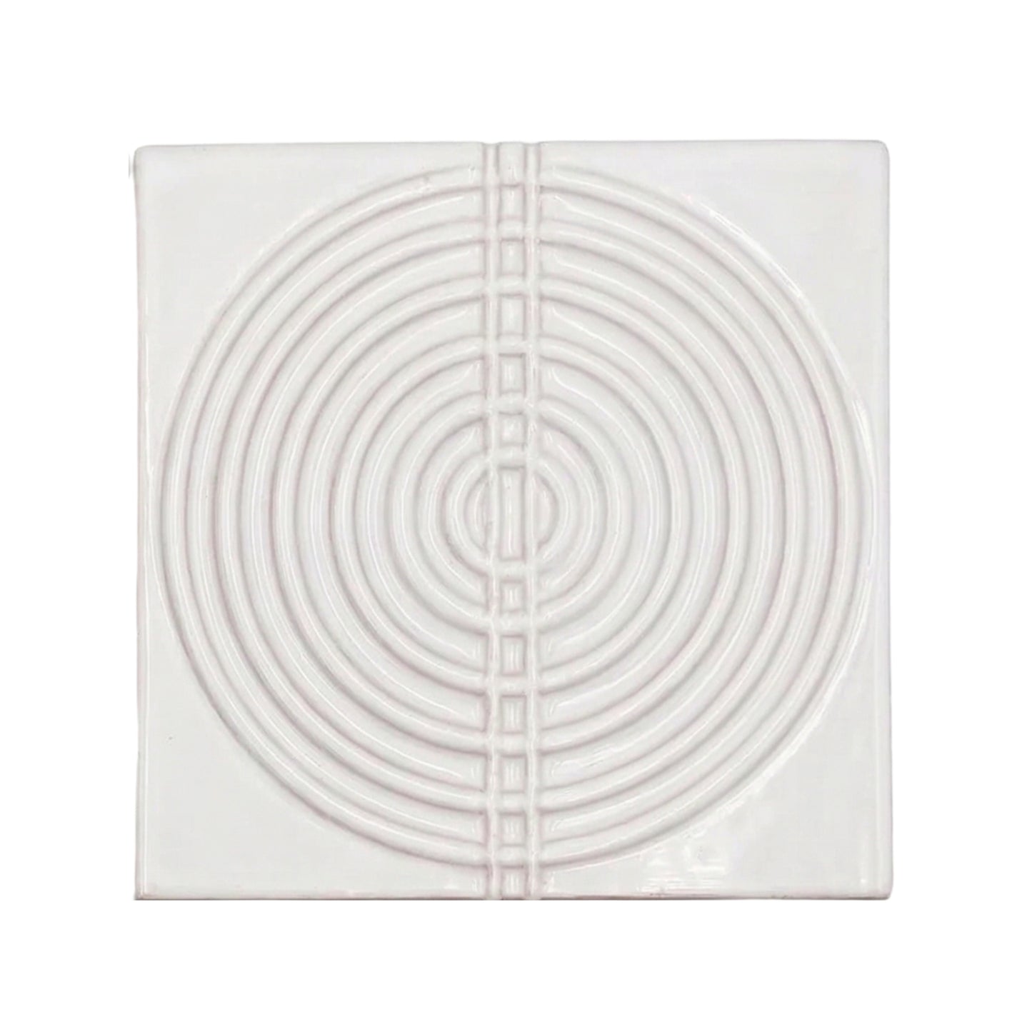 Square sample tile in Dusk Perla gloss finish by Clay Imports, with a raised pattern of concentric circles bisected by squares.