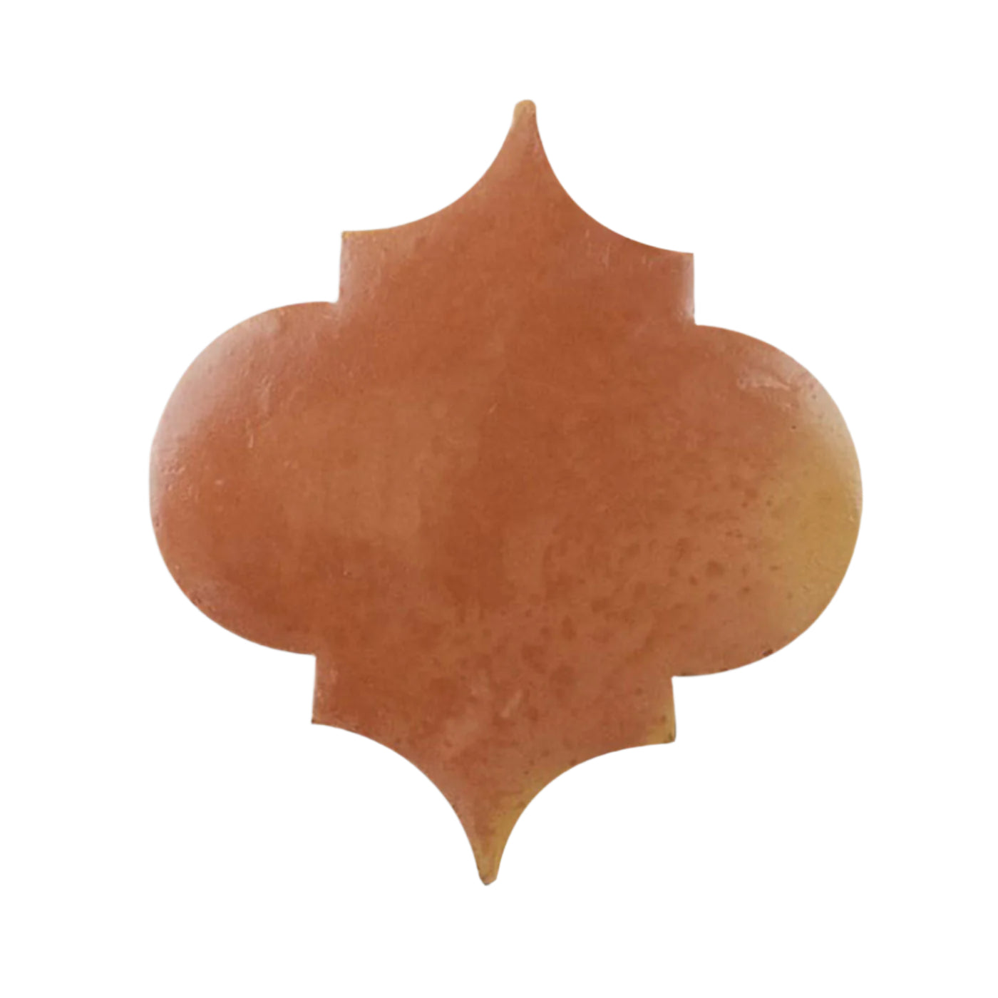 Earthy orange Fleur sample tile by Clay Imports, featuring a smooth satin finish and quatrefoil shape.