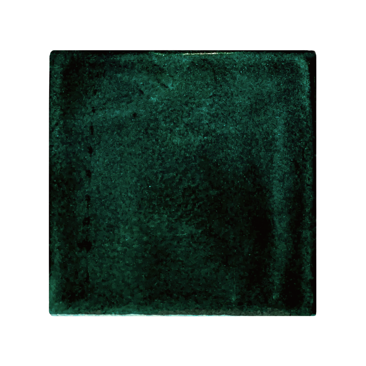 Forest green glazed cotto sample tile by Clay Imports with a mottled texture and rounded edges.