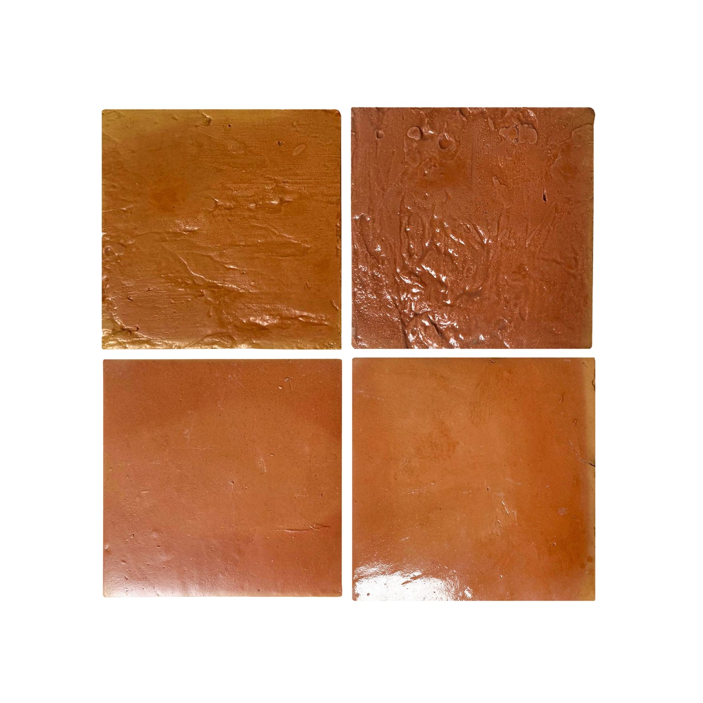 Four natural terracotta samples by Clay Imports, two glossy and textured, and two satin with smooth finishes.