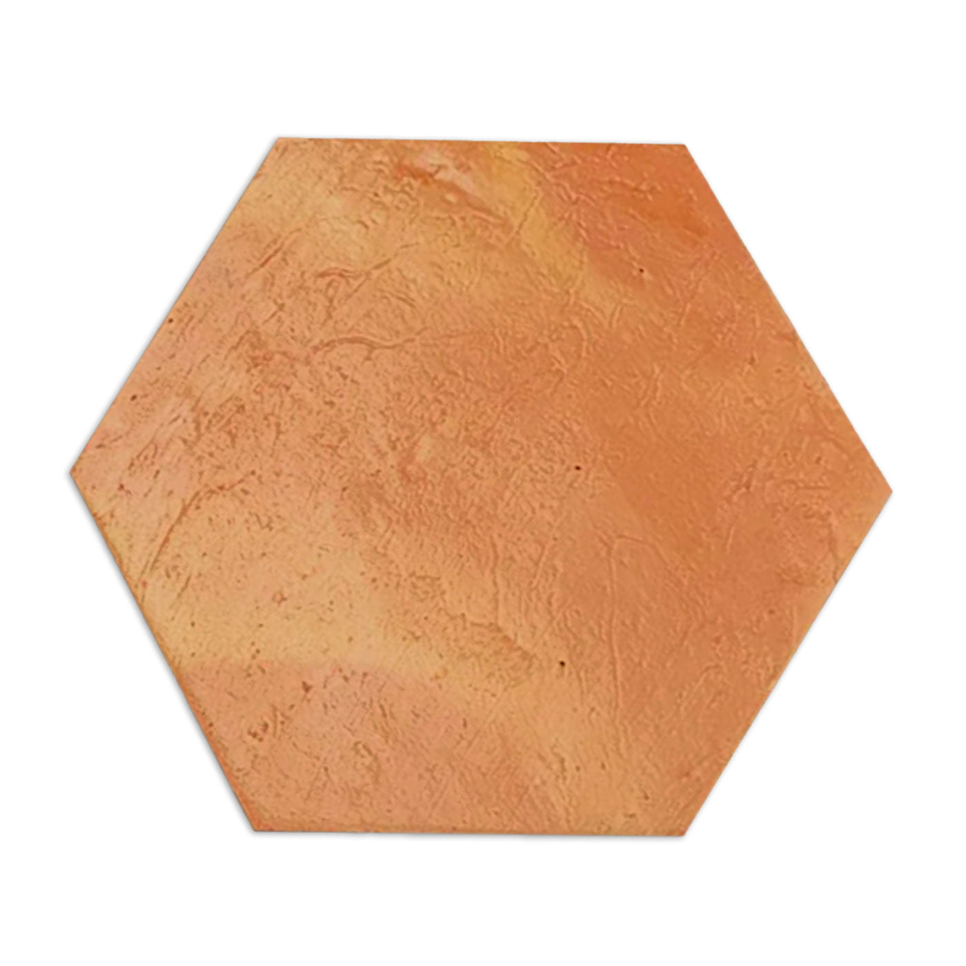 Hexagon antique satin clay tile sample by Clay Imports Saltillo Tile in varying shades of rustic orange with a textured surface.