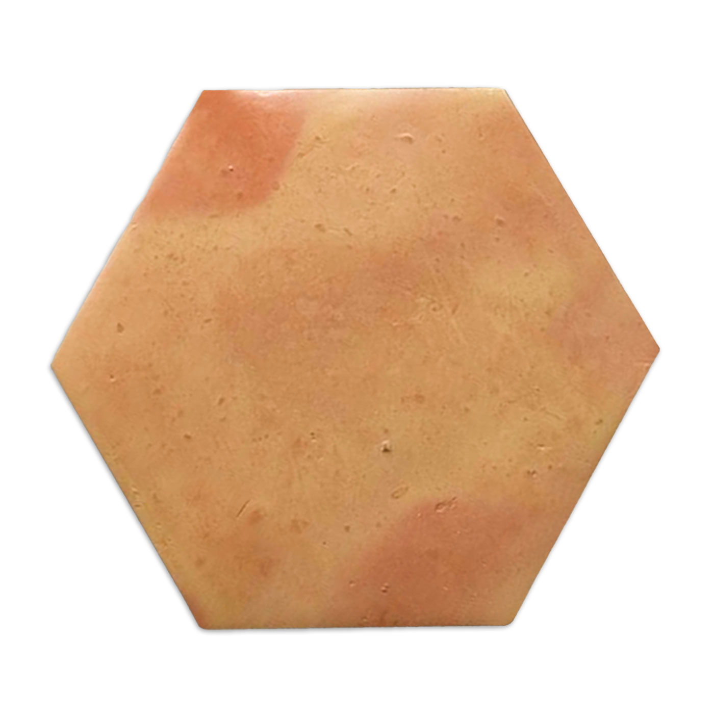 Smooth satin hexagon tile sample in warm terracotta hues by Clay Imports Saltillo Tile, featuring natural color variations and subtle texture.