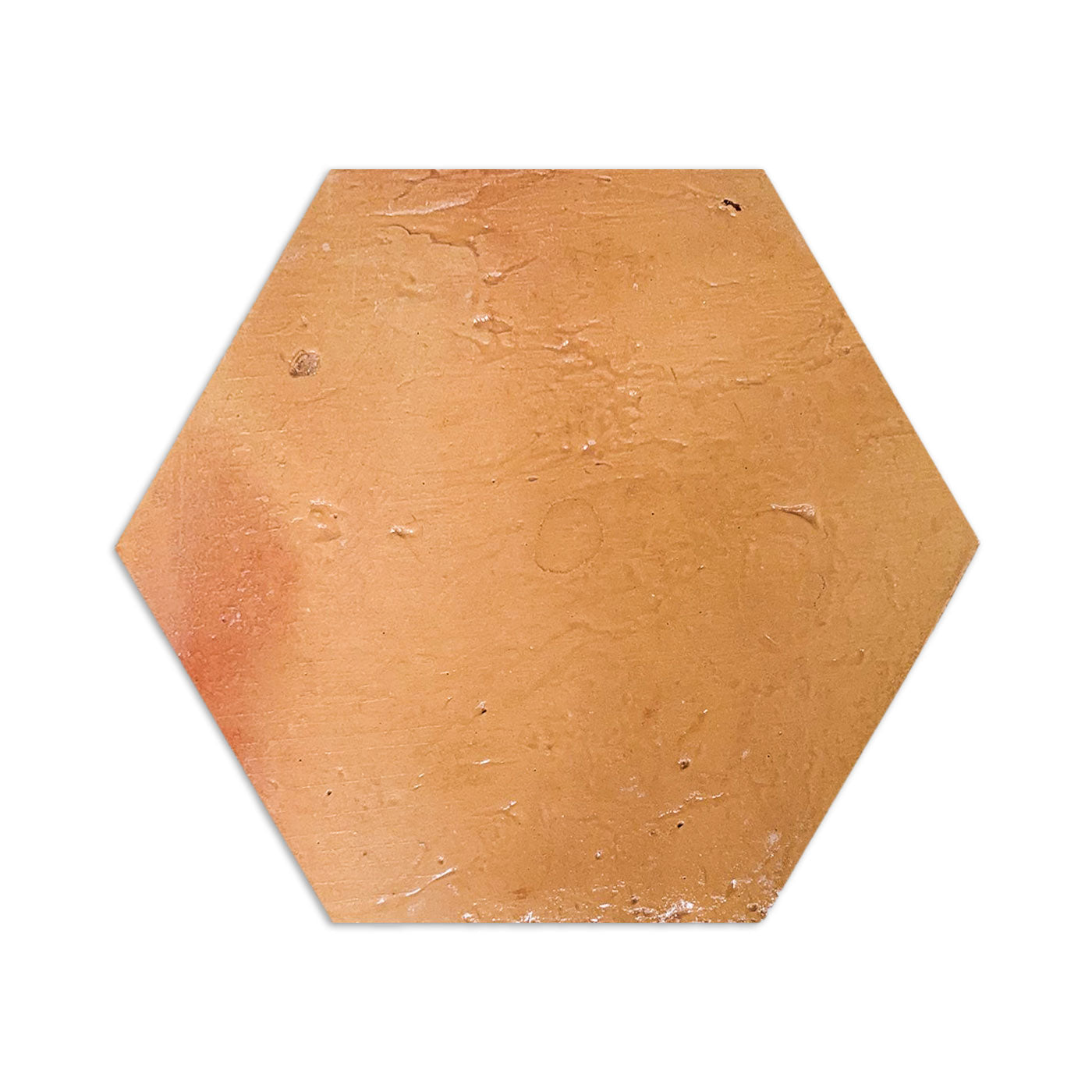 Hexagon terracotta tile sample by Clay Imports Saltillo Tile, with a rustic, antique gloss finish and uneven texture.